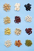 Various kinds of beans on blue background