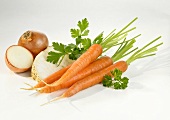 Root vegetables on white background