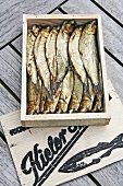 Kieler Sprotten (smoked sprats from Kiel) in wooden box