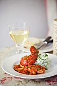 Lobster with white wine, tomatoes, garlic and herbs