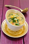 Yellow pea soup with spinach and chilli