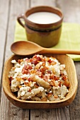 Potato noodles with bacon and cottage cheese