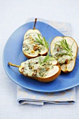 Pear halves with melted blue cheese