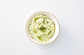 Mashed potato with chives and olive oil (overhead view)