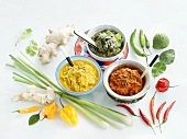 Red, green and yellow chilli paste with ingredients