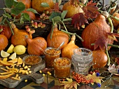 Pumpkin jam with autumn decorations