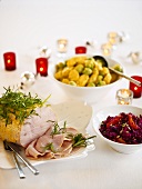 Mustard-glazed turkey joint, potatoes and Brussels sprouts, red cabbage