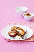 Grilled peach slices with cereal and yoghurt