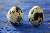 Two quails' eggs on blue background