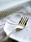 Fork with crumbs on plate