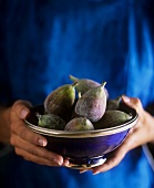 Hands holding Middle Eastern bowl full of figs