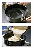 Pouring sponge mixture into a springform pan