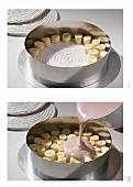 Making a banana torte with meringue base and quark cream
