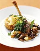 Braised leg of goose with pear and onion tart