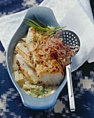 Cod with wholegrain mustard, kohlrabi & red onion tempura
