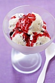 Nut and almond ice cream with fruit sauce