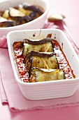 Aubergine rolls with mince filling and tomato sauce