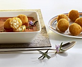 Tomato soup with deep-fried rice balls