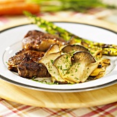 Steak with king oyster mushrooms and asparagus