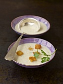 Jerusalem artichoke soup with breaded cheese cubes
