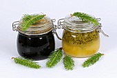 Spruce tip syrup and honey