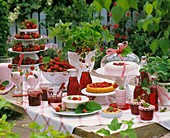 Tisch mit Erdbeeren, Marmelade, Kuchen und Erdbeeressig