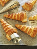 Home-made puff pastry cream horn shells