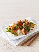 Pork and vegetables on rice noodles