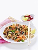 Pad Thai (Rice noodles with prawns and chicken, Thailand)