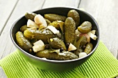 Pickled gherkins with garlic, horseradish and bay leaves