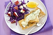 Fish fillets with horseradish sauce, red cabbage and apple
