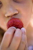 Girl biting into a strawberry