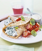 Pancakes with spinach & ricotta filling & cherry tomatoes