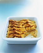 Savoury bread and butter pudding with crabmeat and saffron