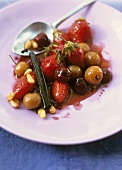 Sautéed strawberries and cherries with pine nuts