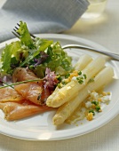 White asparagus with marinated charr and egg dressing