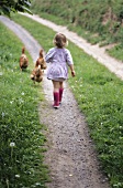 A little girl and some chickens on a farm track