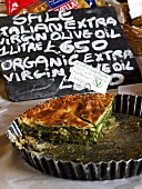 Ricotta spinach pie in baking dish at a Farmer's Market in England