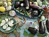 Still life with various types of aubergines