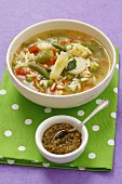 Minestrone al pesto (vegetable soup with pasta and pesto, Italy)