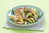 Bean salad with smoked mackerel, cheese, onions and dill