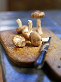 Fresh mushrooms on old chopping board