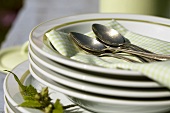 Several plates with spoons, napkin and raspberry leaves