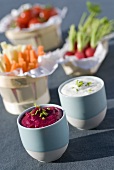 Crudités with beetroot dip and sour cream dip