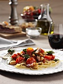 Linguine with pancetta and vegetables