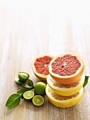 Halved grapefruits and limes