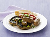 English breakfast with sausages and mushrooms