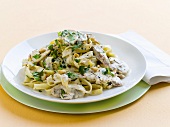 Fettuccine with button mushrooms and pine nuts