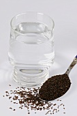 A spoonful of psyllium (flea seed) beside a glass of water