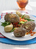 Mince rolls with feta stuffing, green beans and potatoes